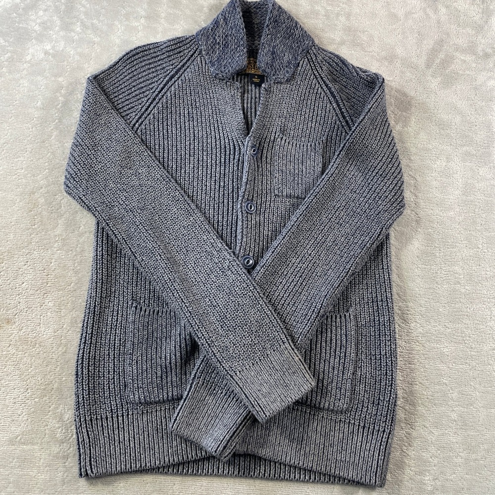 Lucky Brand Cardigan Sweater Mens Small Blue Marled Ribbed Shawl Collar Button